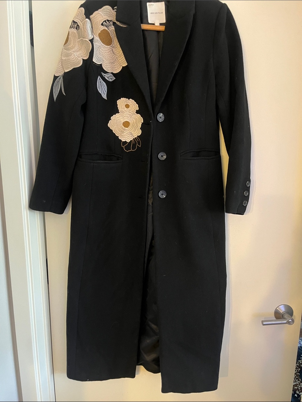 Avec Les Filles Black Trench Coat with Cream Floral Embroidery